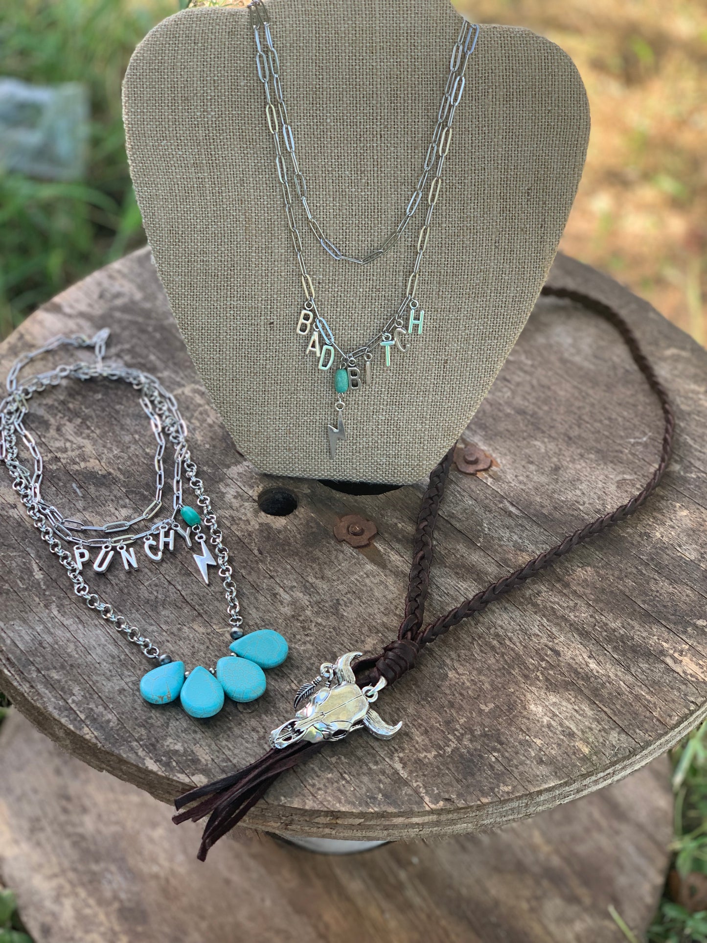 This necklace is perfect for you punchy gals! Western inspired and for the punchy cowgirl out there. With a lightning bolt and turquoise to add a pop.  14 inches with a 3 inch extender